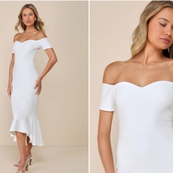 Lulu's How Much I Care ivory off shoulder fitted bodycon trumpet midi dress - Picture 3 of 12